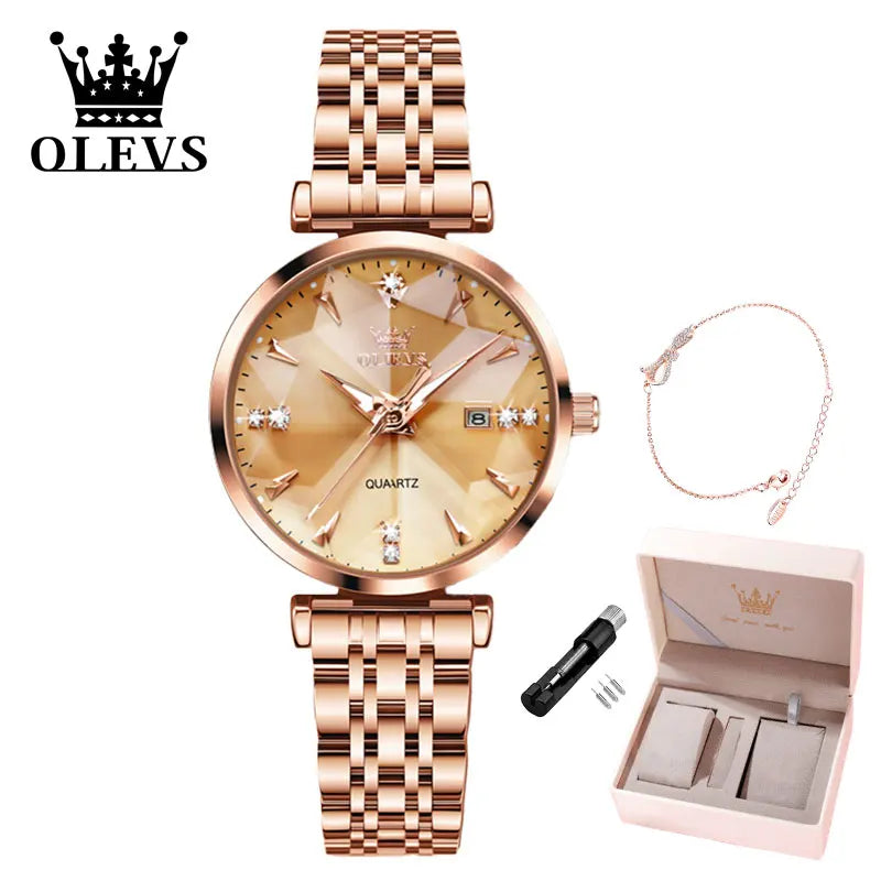 Women Luxury Jewelry Quartz Watch Waterproof Stainless Steel Strap Rose Gold Watch for Women Fashion Watch Bracelet Set