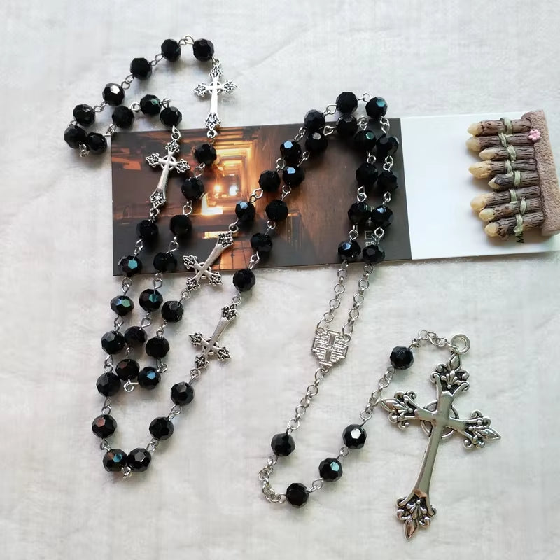 Black Crystal Rosary Necklace Long Cross Pendant for Men Women Religious Jewelry