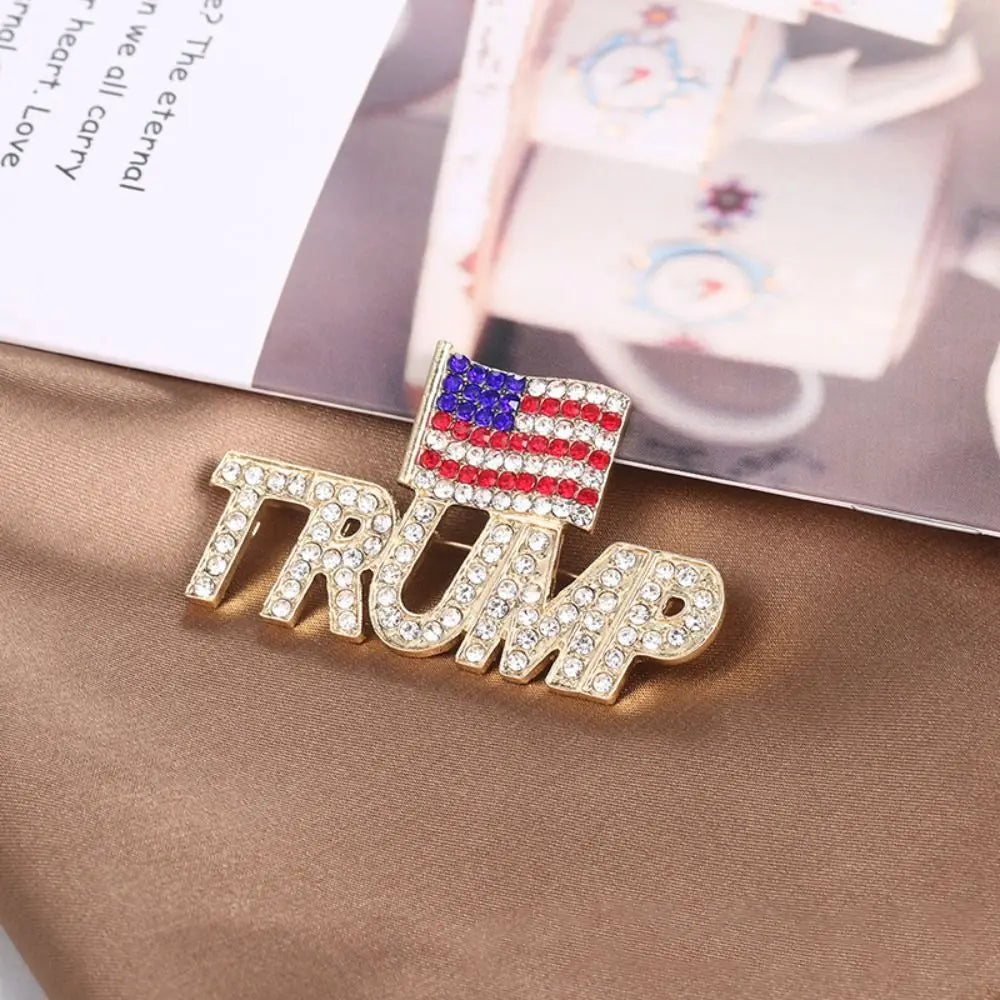 Crystal Trump Brooch with the USA Flag Word Brooch Pin Souvenir for United States of 2024 Presidential Election