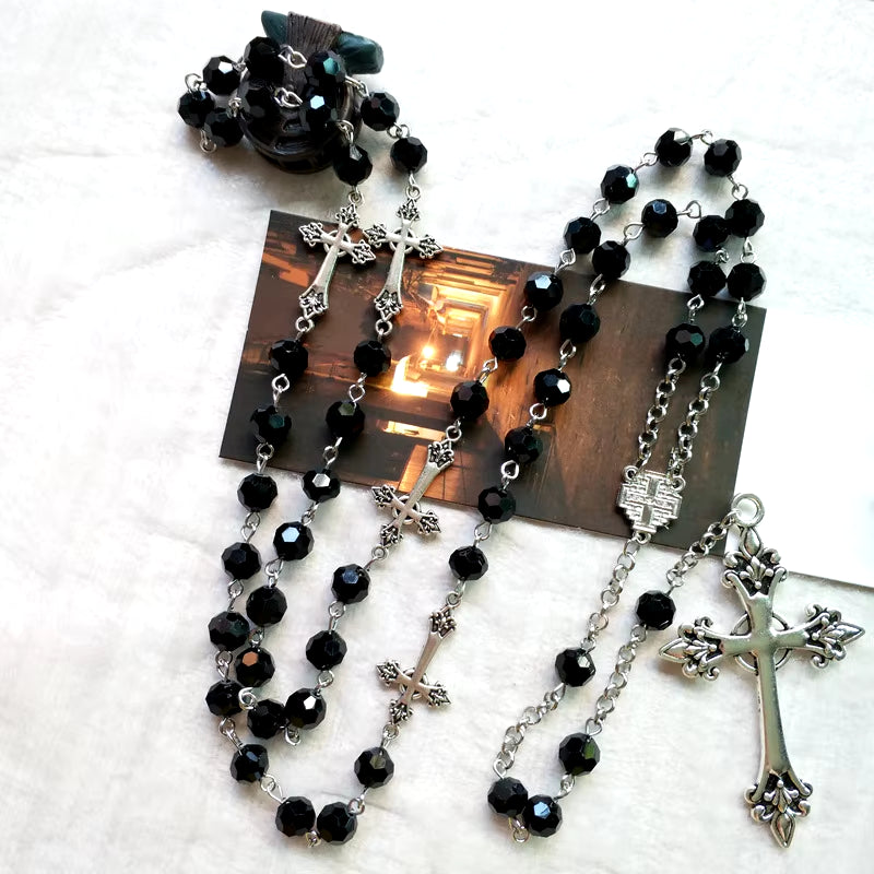 Black Crystal Rosary Necklace Long Cross Pendant for Men Women Religious Jewelry