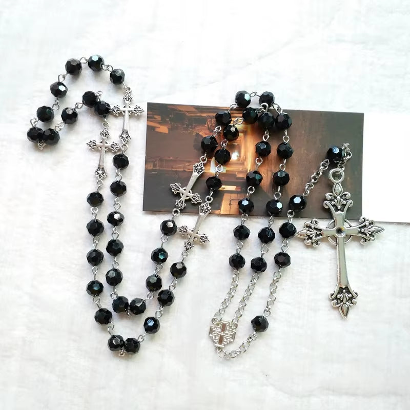 Black Crystal Rosary Necklace Long Cross Pendant for Men Women Religious Jewelry