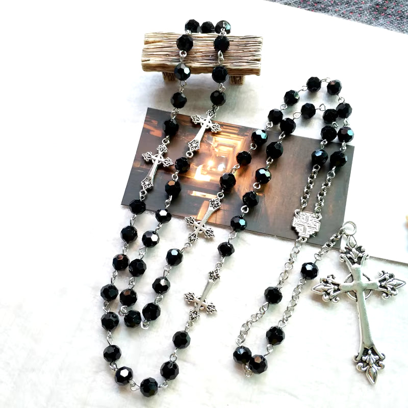 Black Crystal Rosary Necklace Long Cross Pendant for Men Women Religious Jewelry