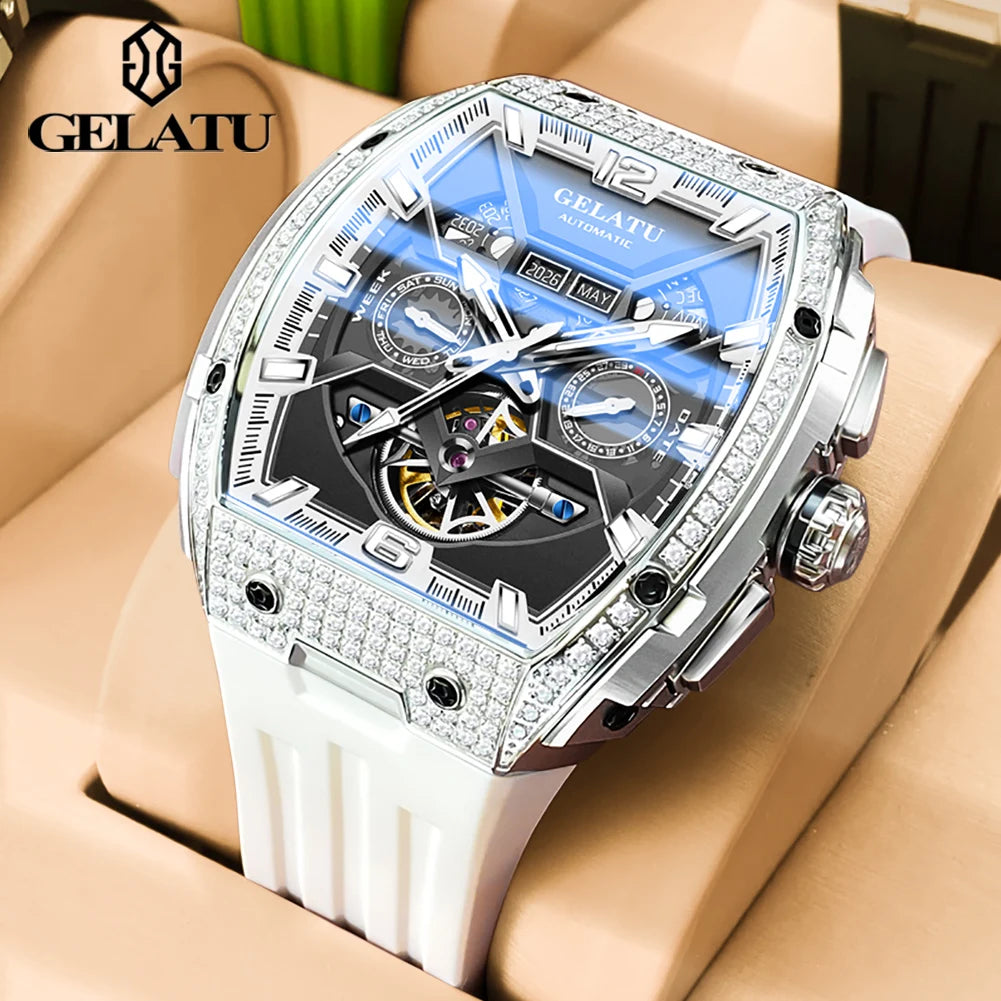 GELATU Full Diamond Men'S Watches Flywheel Design Dual Calendar Automatic Mechanical Watch for Men TOP Brand Original Wristwatch