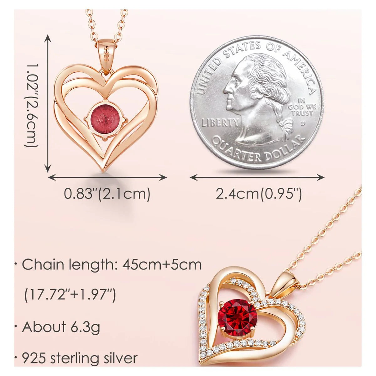 Love Heart Pendant Necklaces for Women 925 Sterling Silver with Birthstone Zirconia Rose Gold Diamond Anniversary Jewelry Best Gift Ideas for Women Fine Packing Gift Box