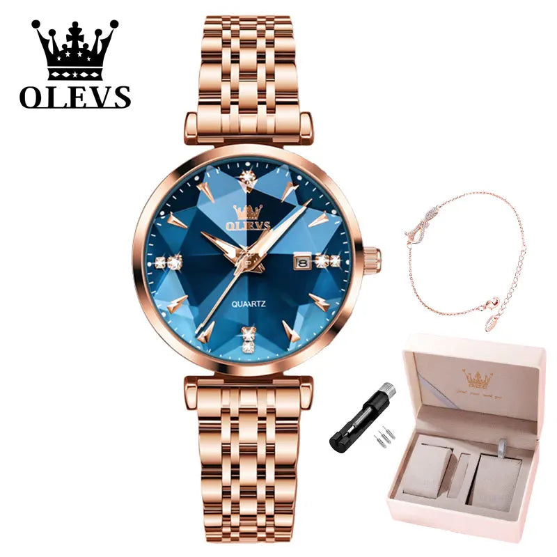 Women Luxury Jewelry Quartz Watch Waterproof Stainless Steel Strap Rose Gold Watch for Women Fashion Watch Bracelet Set