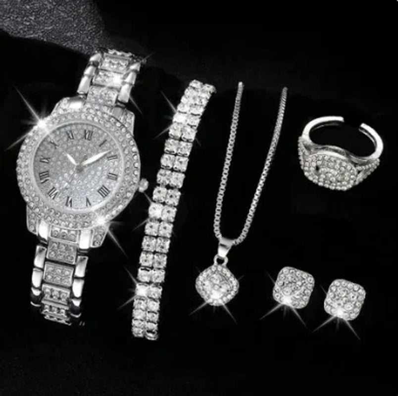 6Pcs/Set Women'S Watch Luxury Rhinestone Quartz Watch Hiphop Fashion Analog Wrist Watch & Jewelry Set, Gift for Mom Her