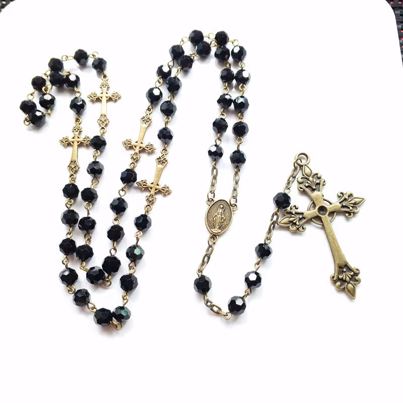 Black Crystal Rosary Necklace Long Cross Pendant for Men Women Religious Jewelry