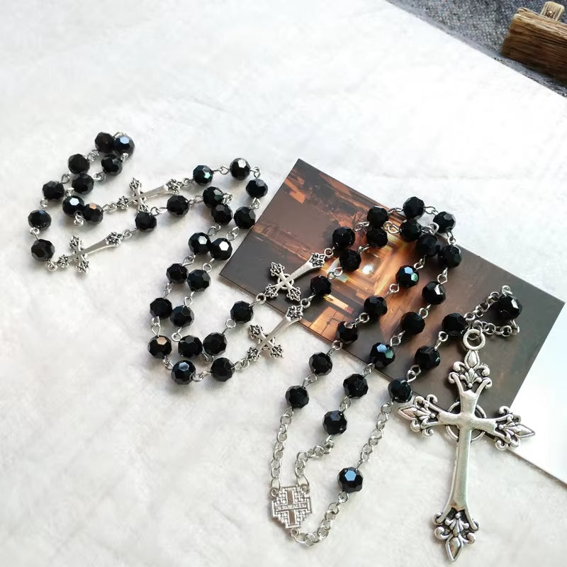 Black Crystal Rosary Necklace Long Cross Pendant for Men Women Religious Jewelry